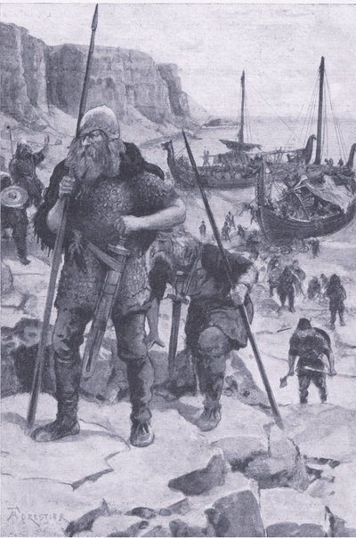 The Vikings find America, från My Magazine, pub.1922 (litho) av Amedee Forestier