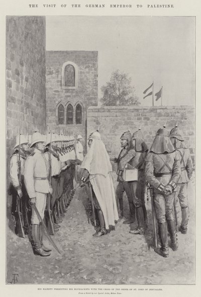 Den tyske kejsarens besök i Palestina, Hans Majestät överlämnar Johanneskorset till sina blåjackor till sina blåjackor. av Amedee Forestier