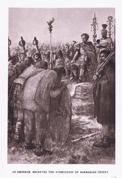 Kejsaren får underkastelse av barbarhövdingar, illustration från den romerske soldaten, 1928 av Amedee Forestier