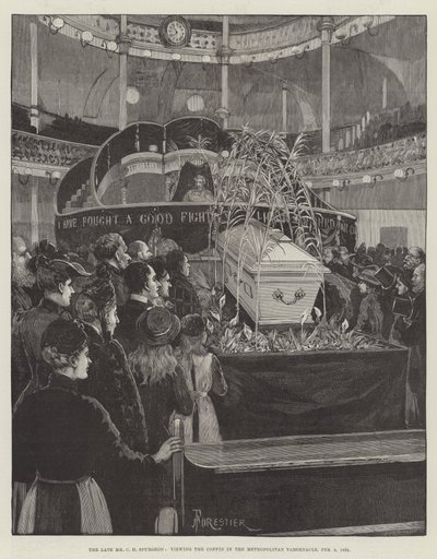 Den avlidne C H Spurgeon, när han tittade på kistan i Metropolitan Tabernacle, 9 februari 1892. av Amedee Forestier