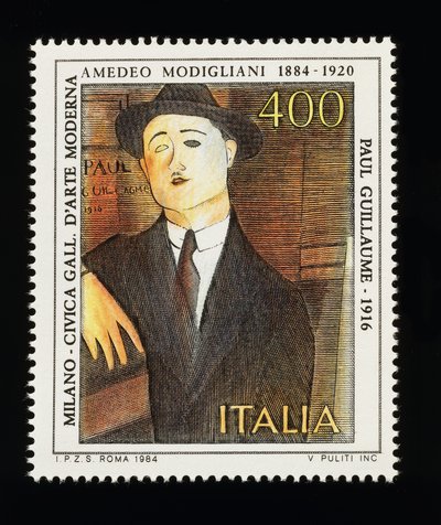 Frimärke från italiensk konstserie till hedring av Amedeo Modigliani (1884-1920), föreställande Porträtt av Paul Guillaume (1916), 400-liters frimärke av Amadeo (after) Modigliani