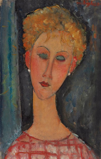Blond kvinna med lockigt hår; Blondinen med örhängen, ca 1918-1919 av Amedeo Modigliani