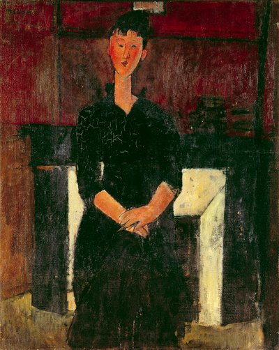 Porträtt av en flicka framför skorstenen Målning av Amedeo Modigliani (1884-1920) 1900-talets privatsamling av Amedeo Modigliani