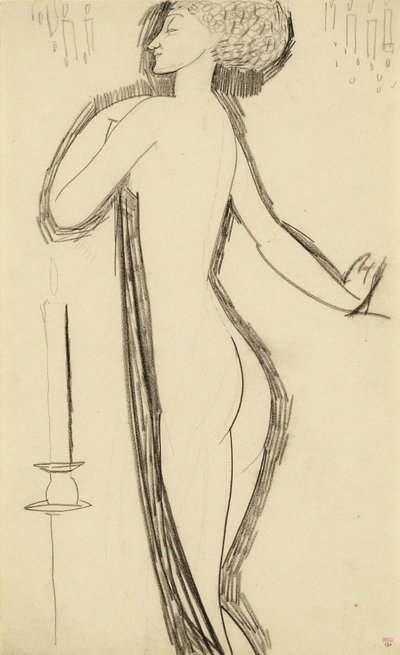 Stående kvinna naken i profil med tända ljus, ca. 1911 av Amedeo Modigliani