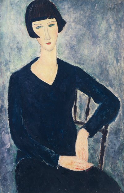 Ung kvinna med lugg eller ung sittande kvinna i blå klänning av Amedeo Modigliani
