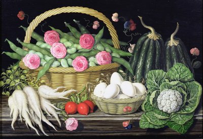 Ägg, bondbönor och rosor i korg, 1995 av Amelia Kleiser