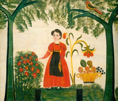 Flicka i rött med blommor och en distelfink av American 19th Century