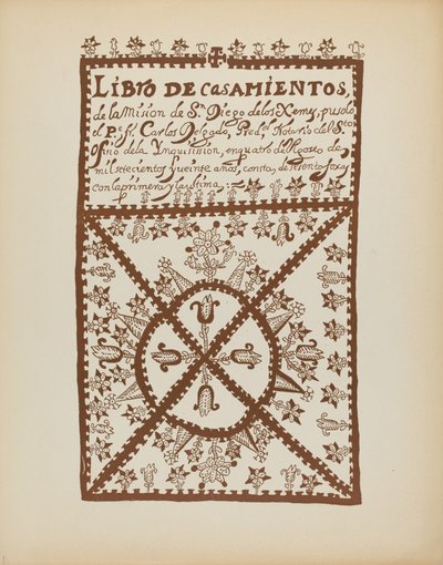 Plåt 1: Jemez Book of Marriages: Från portföljen "Spanska koloniala mönster i New Mexico" av American 20th Century