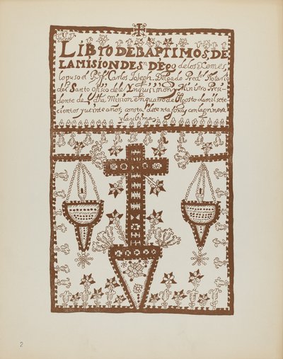 Platta 2: Jemez dopbok: Från portföljen "Spanska kolonialdesigner i New Mexico" av American 20th Century