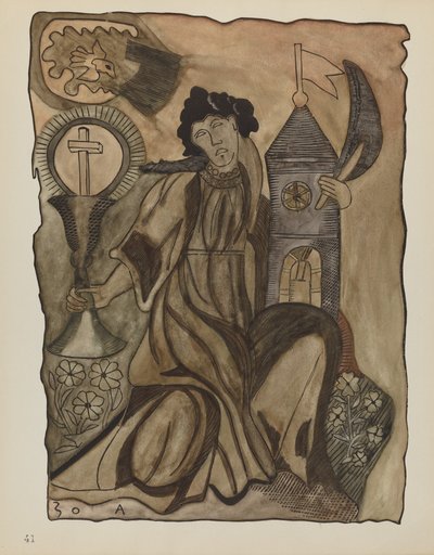 Skylt 41: Saint Barbara: Från portföljen "Spanska koloniala mönster i New Mexico" av American 20th Century