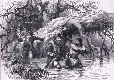 Clarke och hans soldater som korsar Wabash, illustration från Cassells History of the United States publicerad av Cassell, Petter & Galpin, c.1900 (litho) av American English school