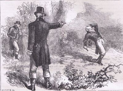 Duell mellan Burr och Hamilton, illustration från Cassells History of the United States publicerad av Cassell, Petter & Galpin, c.1900 (litho) av American English school