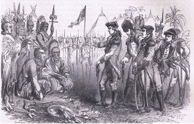 General Burgoyne tilltalar indianerna, illustration från Cassells History of the United States publicerad av Cassell, Petter & Galpin, c.1900 (litho) av American English school
