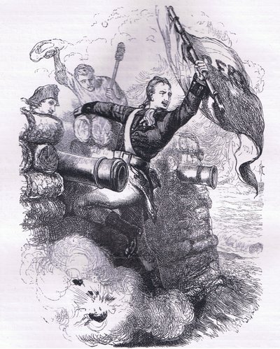 Sergeant Jasper hämtar flaggan, illustration från Cassells History of the United States publicerad av Cassell, Petter & Galpin, ca 1900 (litho) av American English school