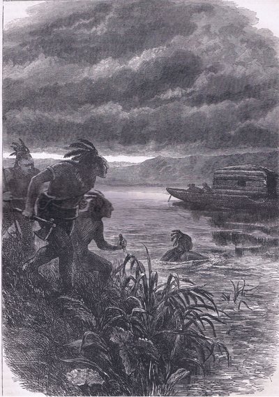 Handlare på Ohio attackerade av vildar, illustration från Cassells History of the United States publicerad av Cassell, Petter & Galpin, ca 1900 (litho) av American English school