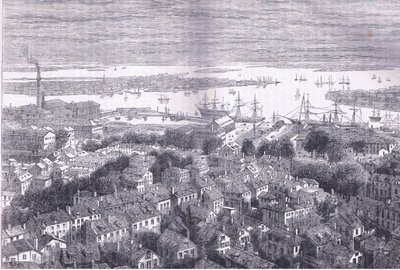 View of Boston av Bunkers Hill, illustration från Cassells History of the United States publicerad av Cassell, Petter & Galpin, c.1900 (litho) av American English school