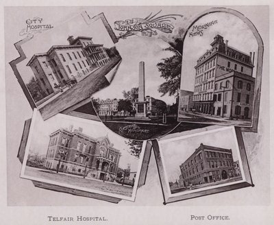 Stadssjukhuset; Johnson Square; Greene monument; Morning News, Telfair Hospital, Post Office (s/v foto) av American Photographer (after)