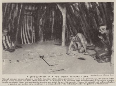 En konsultation i en röd indiansk medicinhydda (svartvitt foto) av American Photographer