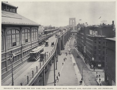 Brooklyn Bridge från New York Side, som visar Wagon Road, Trolley Line, Elevated Cars och Promenade (s/v foto) av American Photographer