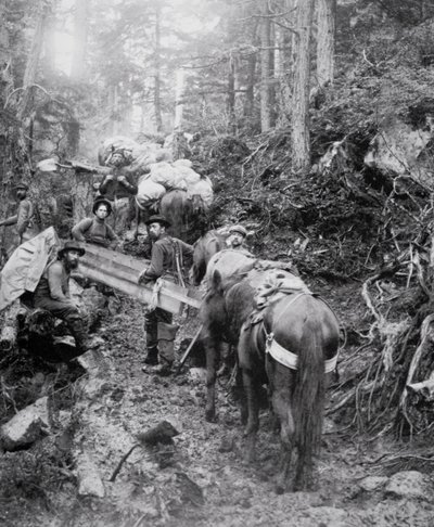 Att klättra på Dyea Trail på väg till Chilkoot Pass under Klondike Gold Rush (1897-98) (s/v foto) av American Photographer