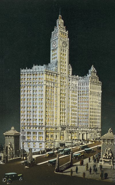 Wrigley Building, södra och norra sektionen, by Night (färgad bild) av American Photographer