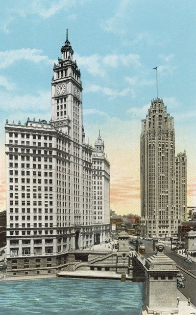 Wrigley Building och Tribune Tower (färgat foto) av American Photographer