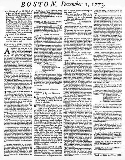 En Broadside-tidning som beskriver händelserna under Boston Tea Party, december 1773 (tryckt) av American School