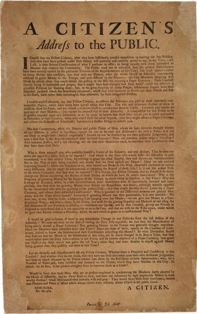 A Citizens Address to the Public angående stöd för kungliga trupper, 18 december 1769 av American School
