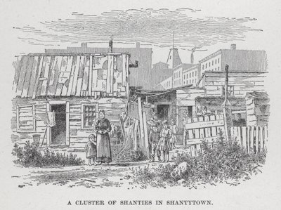 Ett kluster av shanties i Shantytown (litho) av American School