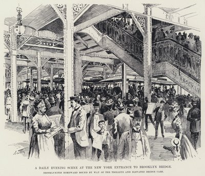 En daglig kvällsscen vid New York-entrén till Brooklyn Bridge (litho) av American School