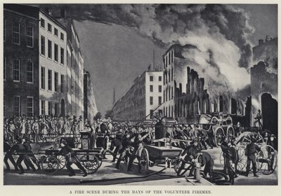 En brandscen under de frivilliga brandmännens dagar (litho) av American School