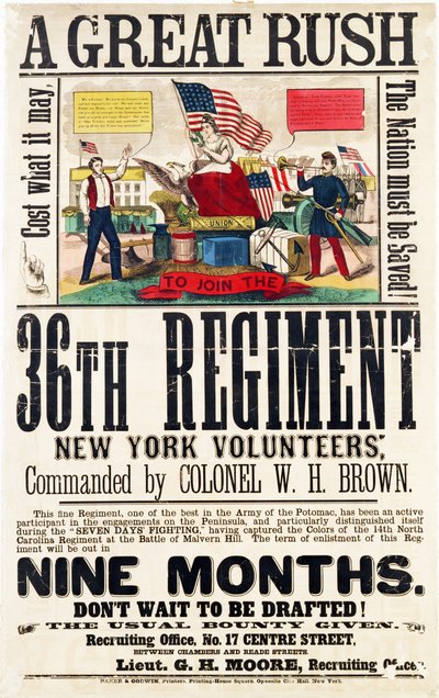 A Great Rush, rekryteringsaffisch för 36th Regiment, publicerad av Baker & Goodwin av American School