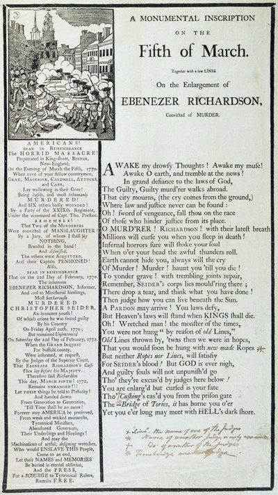 En monumental inskrift den femte mars 1772 (tryck) av American School