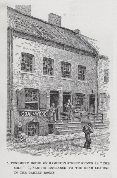 Ett hyreshus på Hamilton Street känd som "Skeppet", 1, smal ingång på baksidan som leder till Garret-rummen (litho) av American School