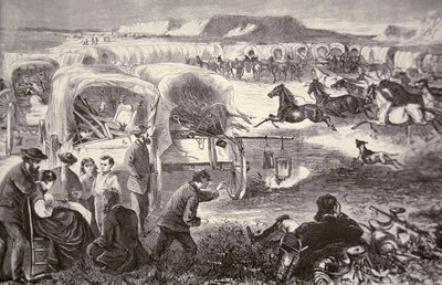 Ett vagnståg bildades till en inhägnad på Oregon Trail av American School