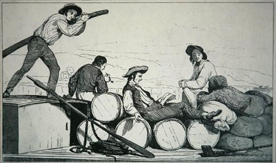 En flatbåt som fraktar last på Mississippifloden, ca 1840 (gravyr) av American School