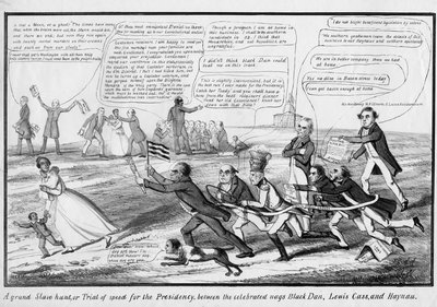 En storslagen slavjakt, eller, snabbhetsprövning för presidentskapet, mellan de hyllade tjatarna Black Dan, Lewis Cass och Haynau, publicerad av T.C., New York, ca 1852 av American School