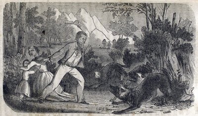 En man som står framför en kvinna och ett barn som slåss mot hundar av American School