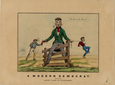 En modern demokrat: motto: allt till alla, signerad på sten: HAP, publicerad i Dubuque, Iowa, ca 1860 av American School