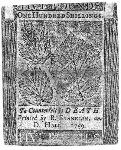 En hundra shilling sedel tryckt av B. Franklin och D. Hall, 1759 (tryck) av American School