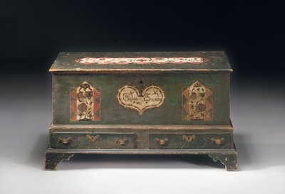 En målarfärgad dower-kista med hiss, inskriven Susana Scheblern, troligen Lancaster County, Pennsylvania, 1790 av American School