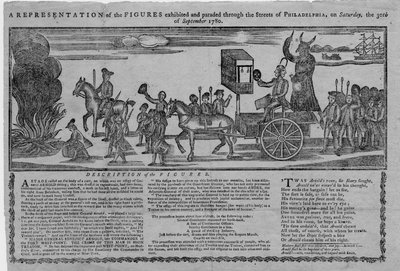 En representation av figurerna som ställdes ut och paraderade genom Philadelphias gator lördagen den 30 september 1780 av American School