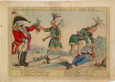 En scen vid gränserna som utövas av de humana britterna och deras värdiga allierade, ca 1813 (handfärgad etsning) av American School