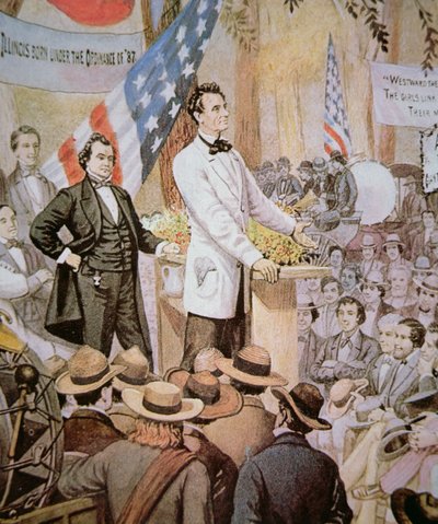 Abraham Lincoln (1809-65) i offentlig debatt med Stephen A. Douglas (1813-61) i Illinois av American School