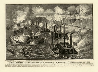 Amiral Porters flotta driver rebellblockaden av Mississippi i Vicksburg, 16 april 1863, pub. 1863 (gravyr) av American School