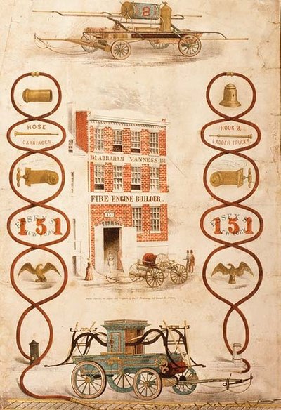 Annons för Abraham Vanness, brandbilsbyggare och tillverkare av brandbekämpningsutrustning, pub. av Geo. G. Gratacap, New York, ca 1850 (litho) av American School