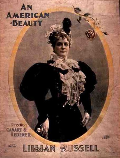 Annons för "An American Beauty", med Lillian Russell i huvudrollen och regisserad av Canary och Lederer (färg litho) av American School