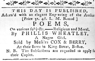 Annons för Phillis Wheatleys första bok, från Boston Gazette, 7 februari 1774 (tidningspapper) av American School