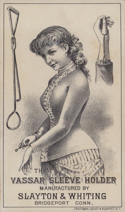 Annons för Vassar-hylshållaren, tillverkad av Slayton & Whiting, Bridgeport, Connecticut, USA (färg litho) av American School