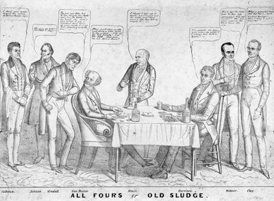 All Fours or Old Sludge, politisk tecknad serie föreställande president Martin Van Buren (1782-1862) som spelar kort mot William Henry Harrison (1773-1841) bland andra statsmän och politiker, 1836 (litho) av American School